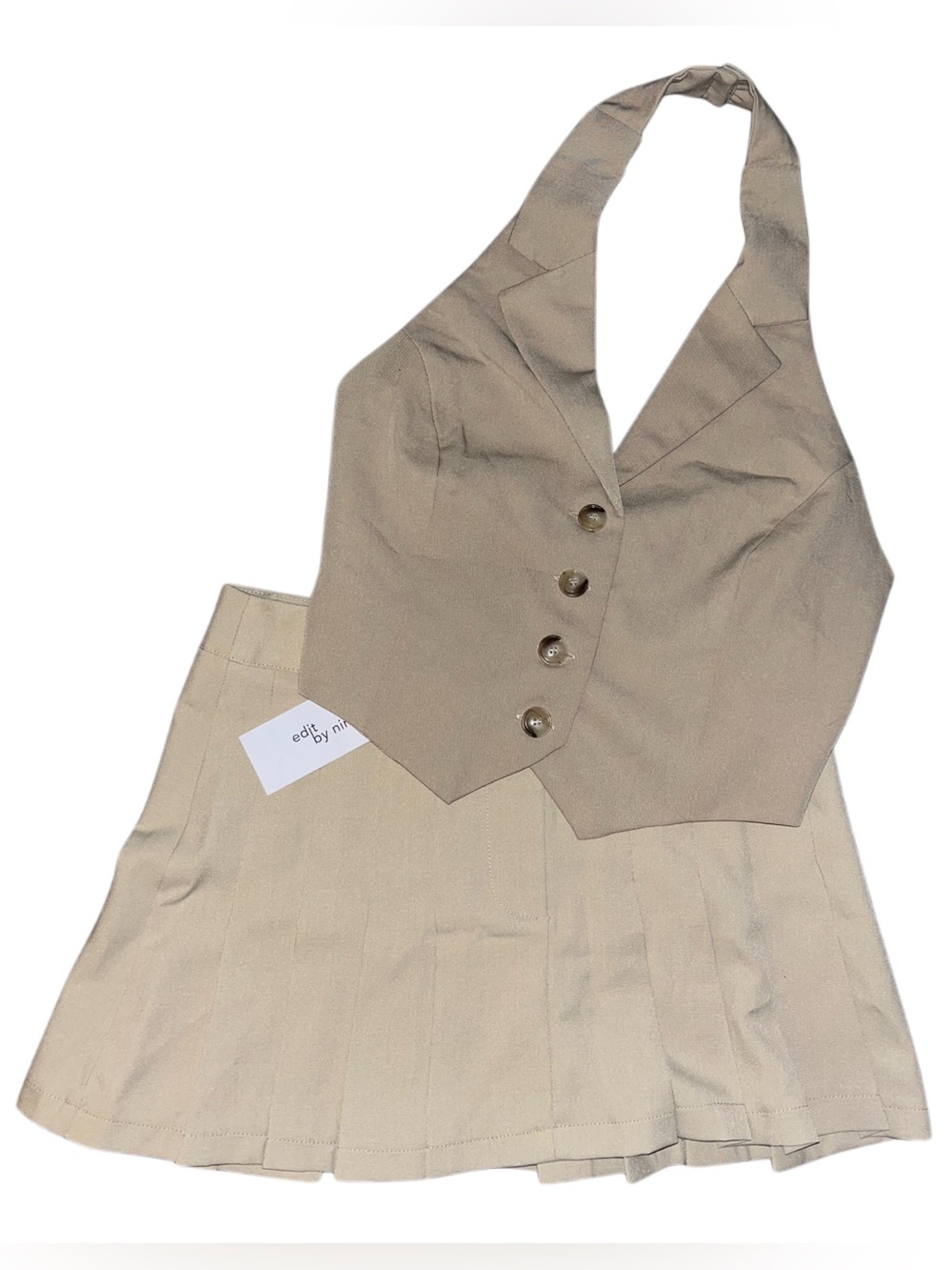 Beige Pleated Mini Skirt and Collared Top Set- Classic Neutral